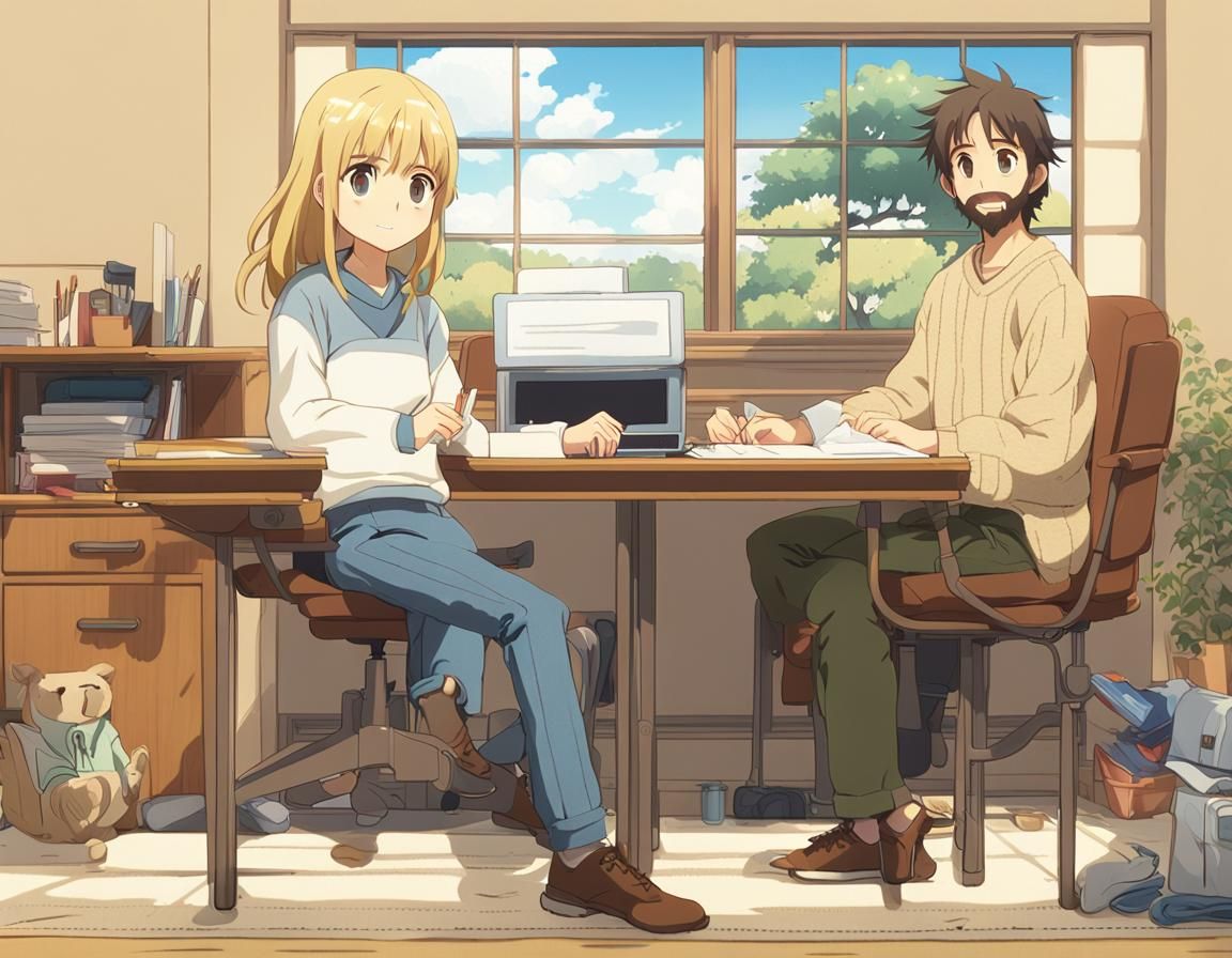 Woman in Elegant Studio Ghibli-Inspired Setting