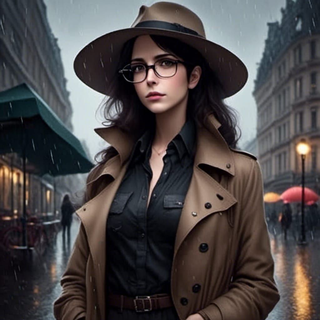 Woman in Fedora Stands in Rainy, Stormy Scene