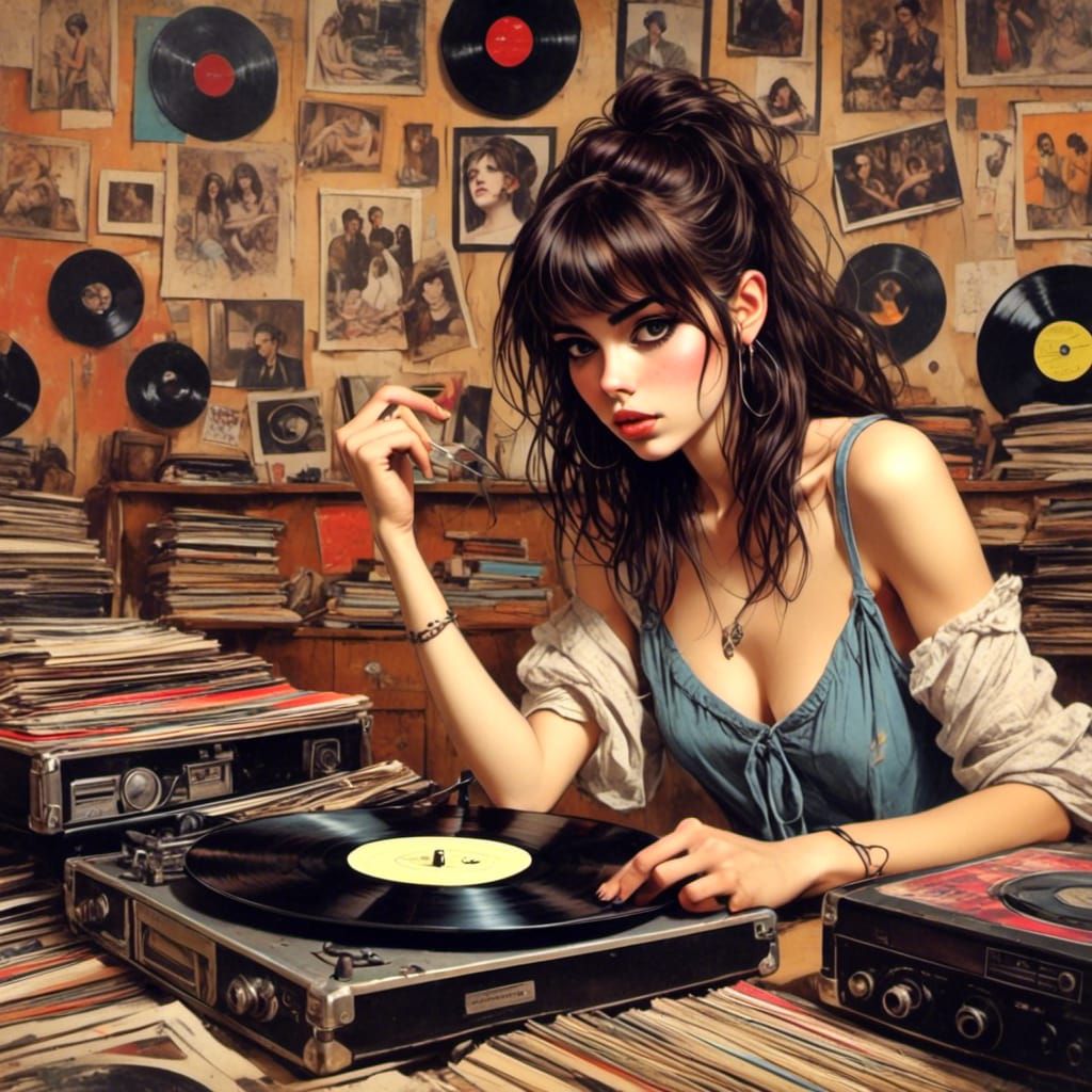Woman Choosing Vinyl Records in 80s Style