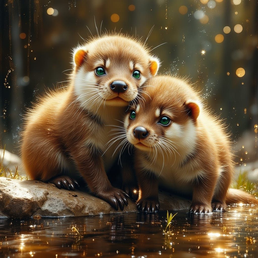 Vibrant 3D Painting of Cute Baby Otters