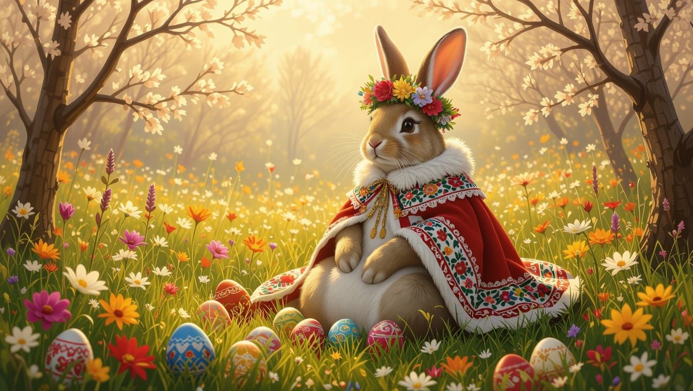 Whimsical Easter Bunny in Folk-Art Slavic Embroidery Style