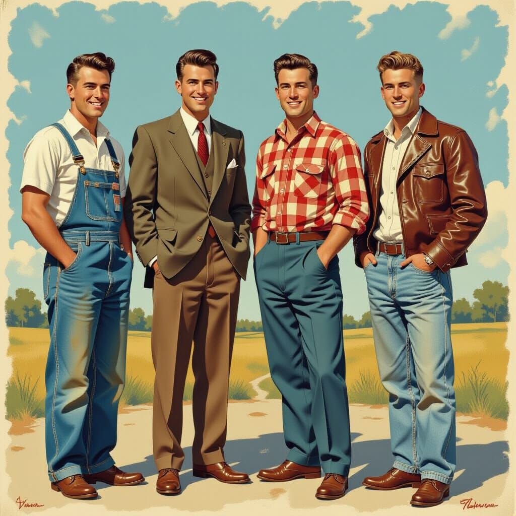 Men's 1950s Fashion in Gouache Painting Style
