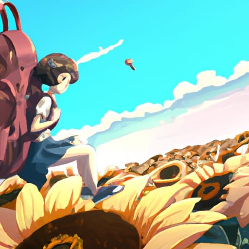 Girl on Giant Sunflower in Studio Ghibli Style