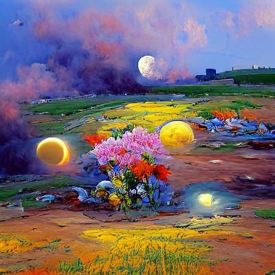 Colorful Flower Field with Sun and Moon