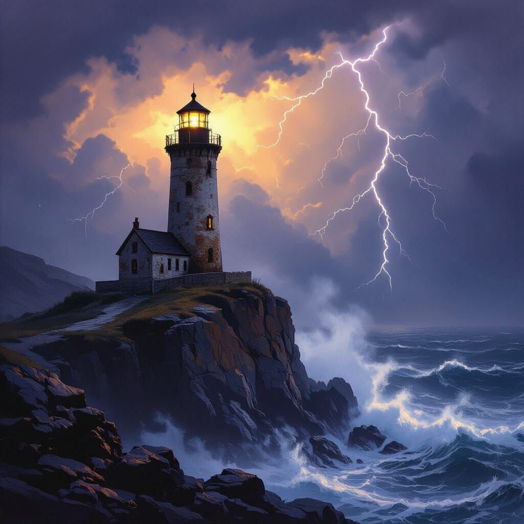 Lighthouse in Stormy Seas, Romanticist Style