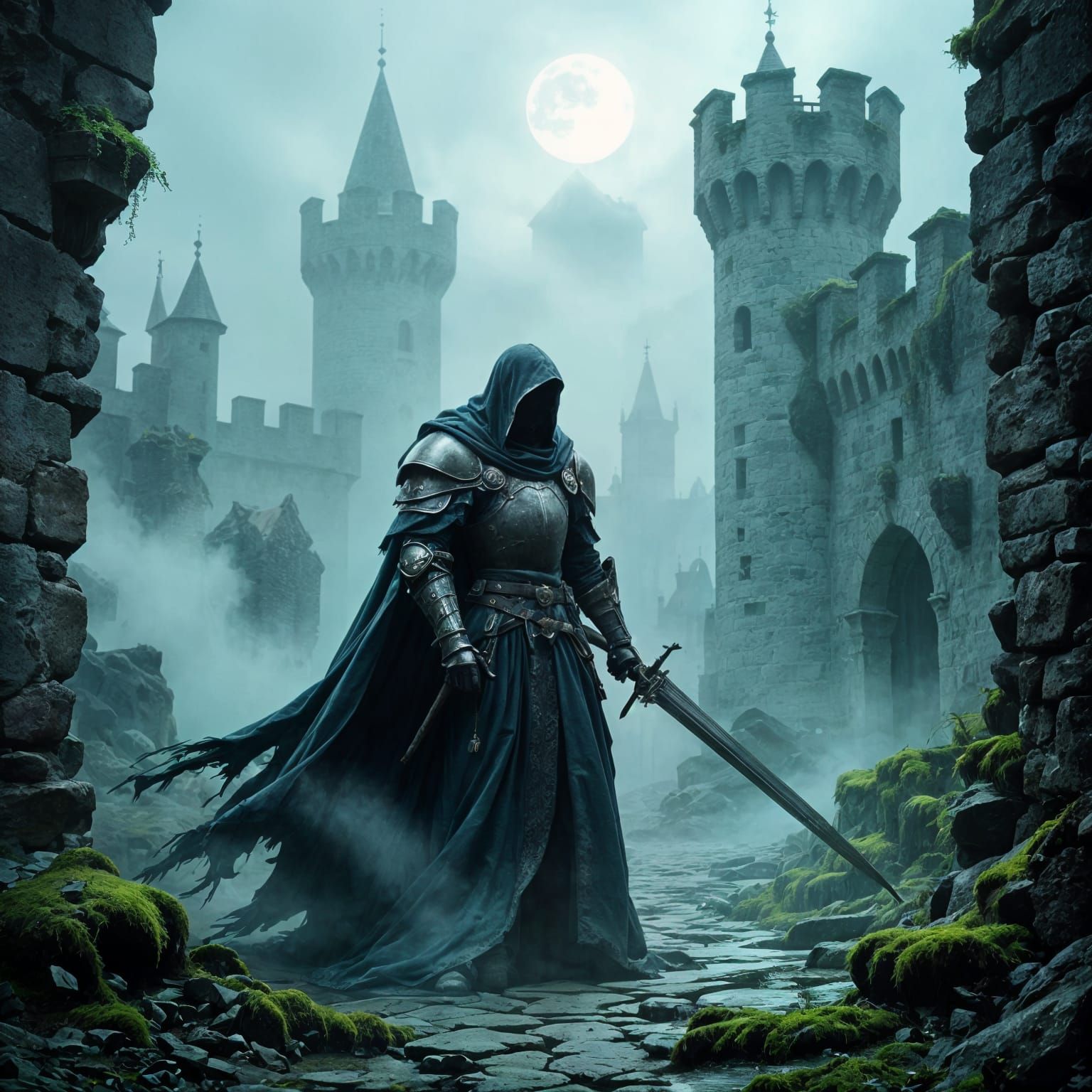 Ghostly Knight Patrols Fog-Laden Castle Courtyard