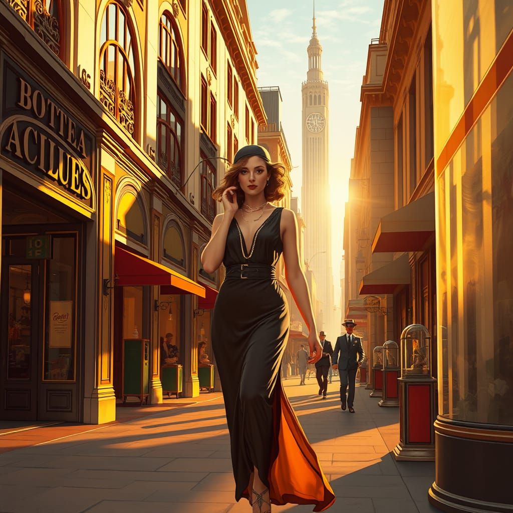 1920s Fashion Woman in Golden Hour Cityscape