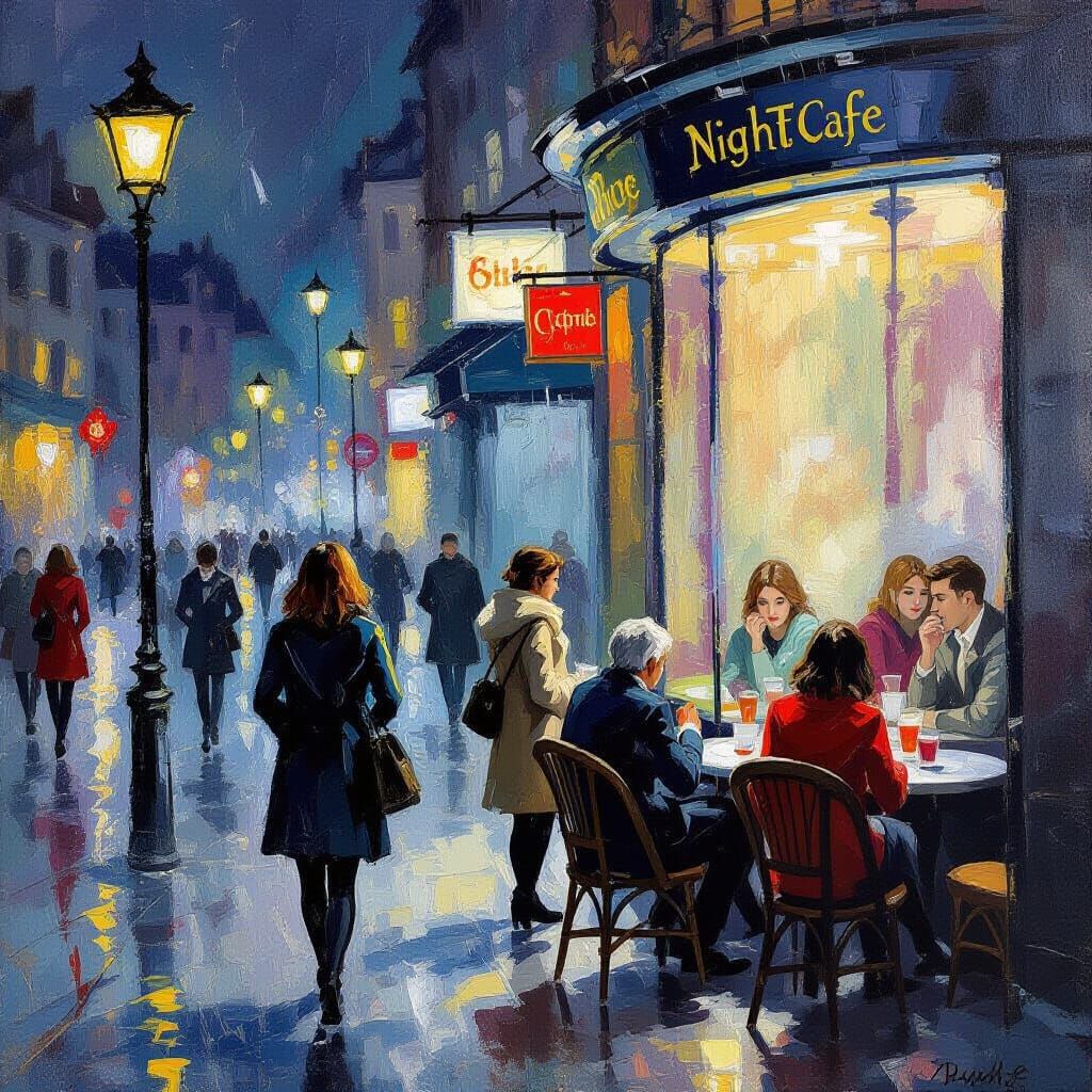 Gouache Painting of People Waiting in a Cafe