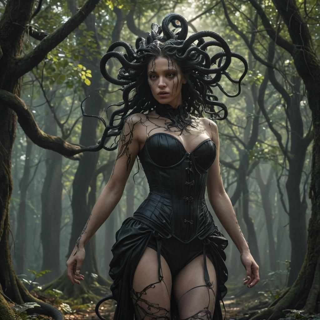 Gothic Mythical Goddess Strolls Through an Emerald Forest