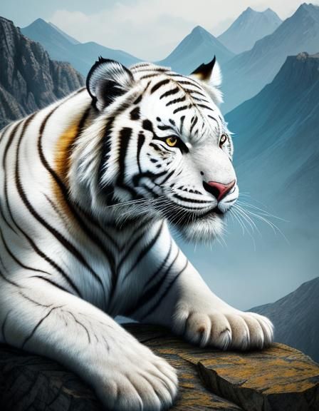 Roaring White Tiger Portrait on Mountain Top