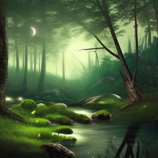 Moonlit Forest Glade with Fireflies