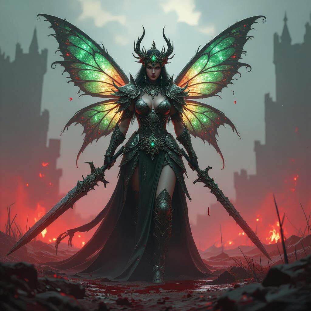 Barbarian Fairy Queen on Battlefield in Dramatic Light