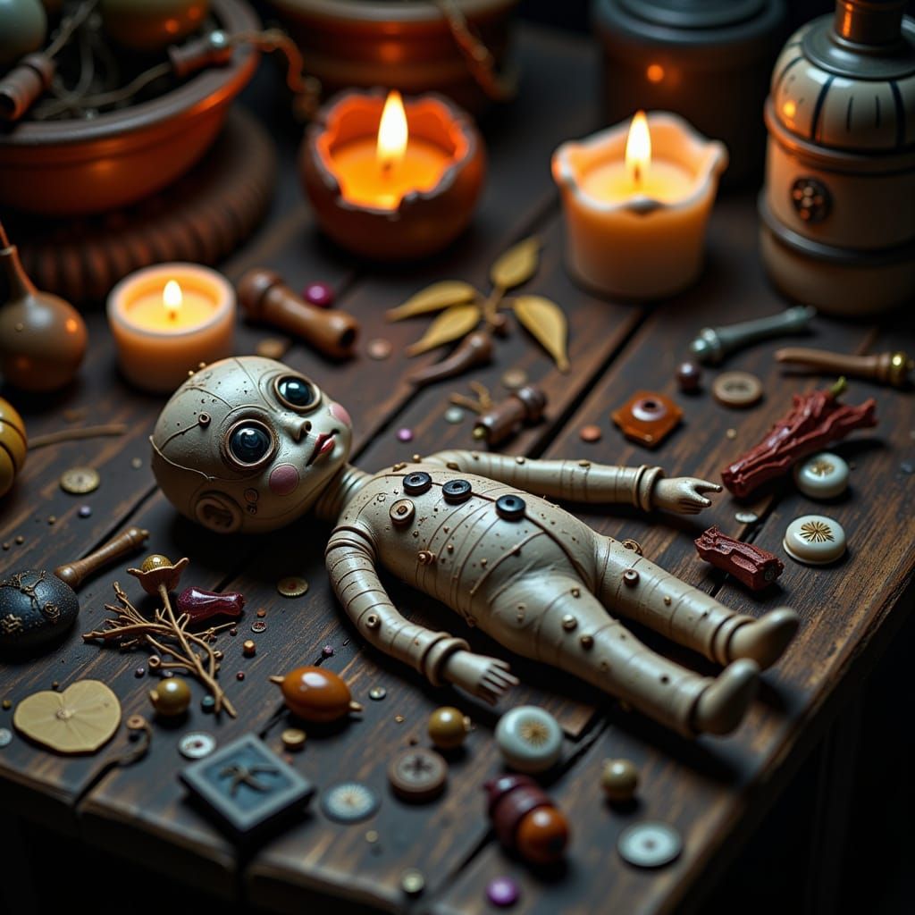 Eerie Voodoo Doll with Candles and Herbs
