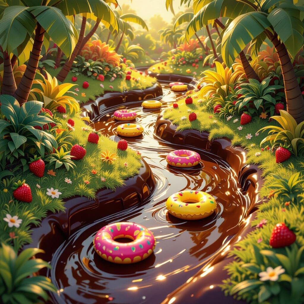 Chocolate River with Fruit Floaties in Whimsical Landscape