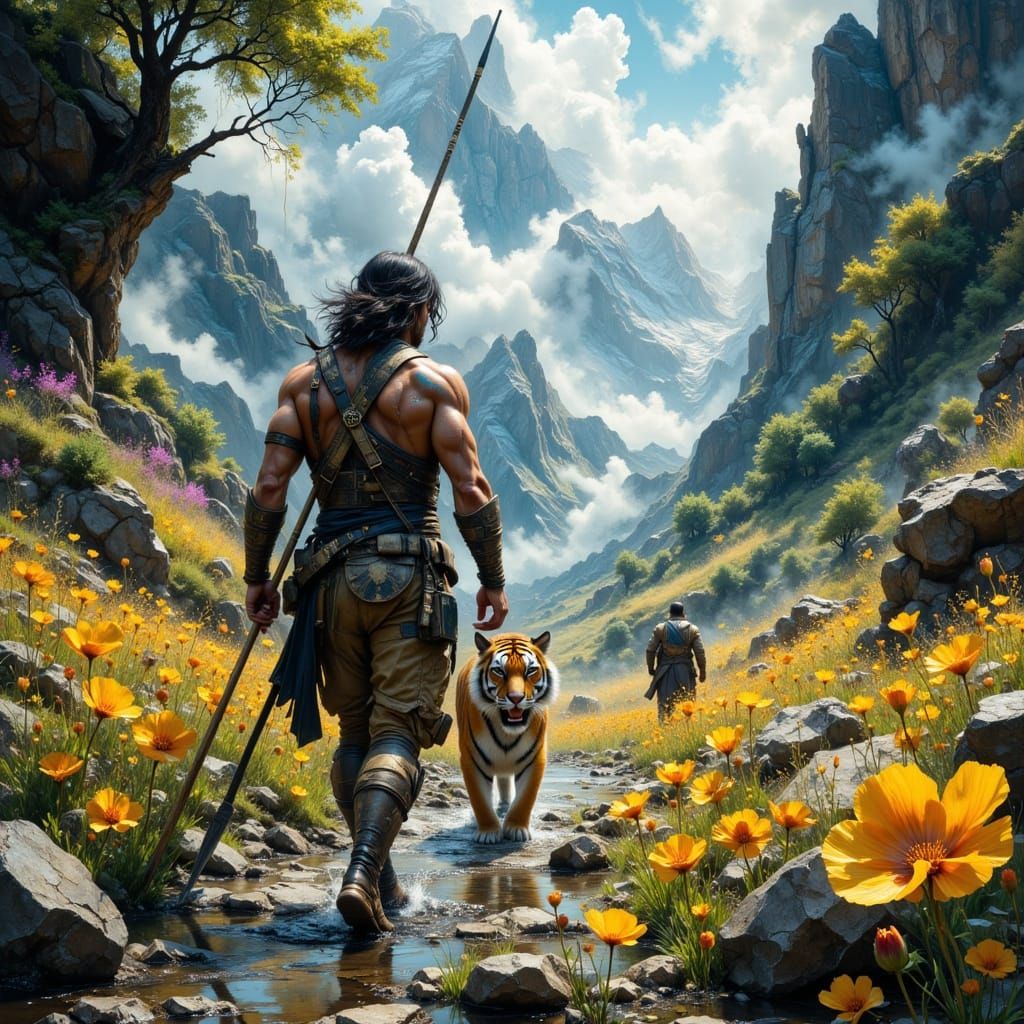 Warrior and Tiger in Floral Valley: Impasto Painting