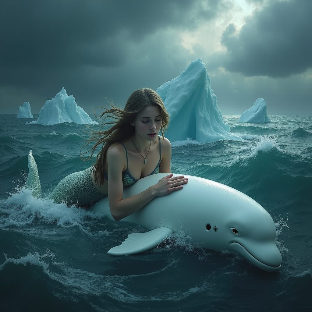 Sorrowful Mermaid with Beluga Whale in Dark Fantasy Style