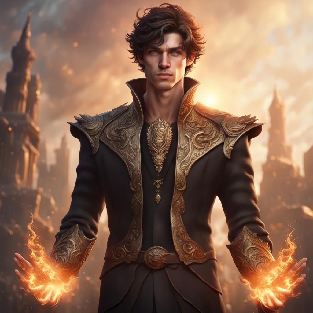 Attractive Young Man with Fiery Powers, Fantasy Art