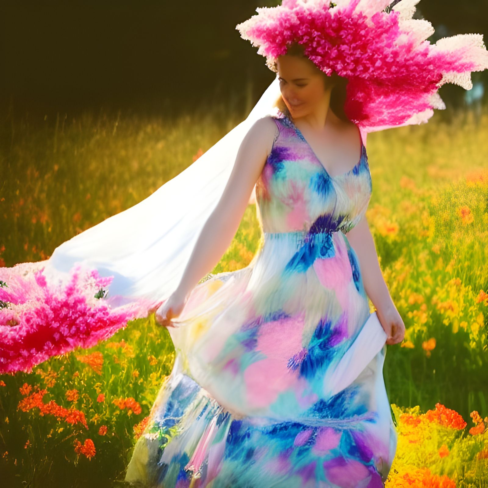 Woman in Floral Dress Bathed in Sunlight