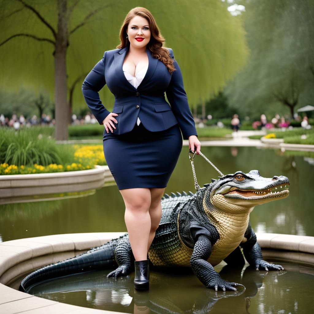 Woman Walks Alligator in Park: Detailed AI Image
