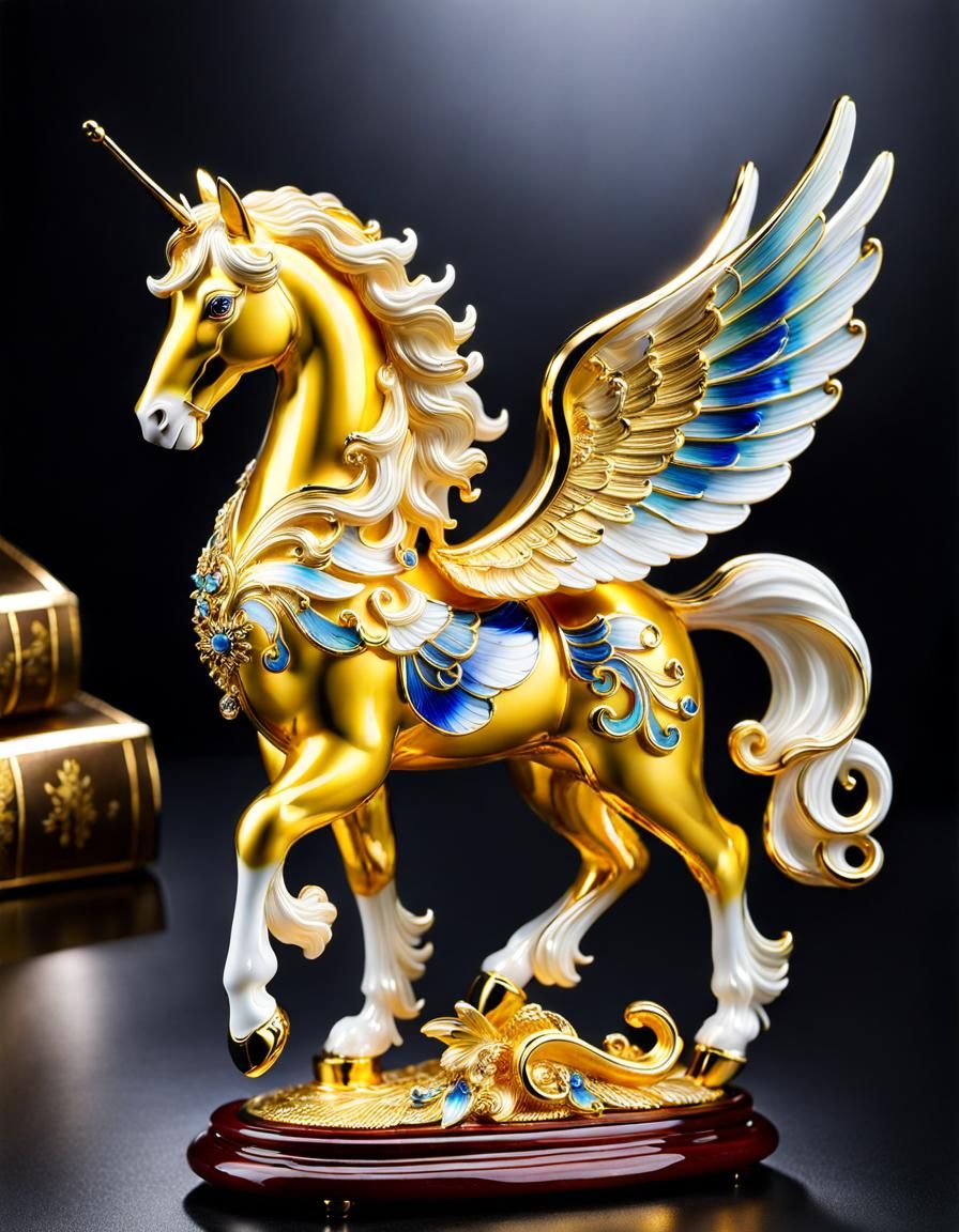 An exquisite enamel glass pegasus figurine with outspread wi...