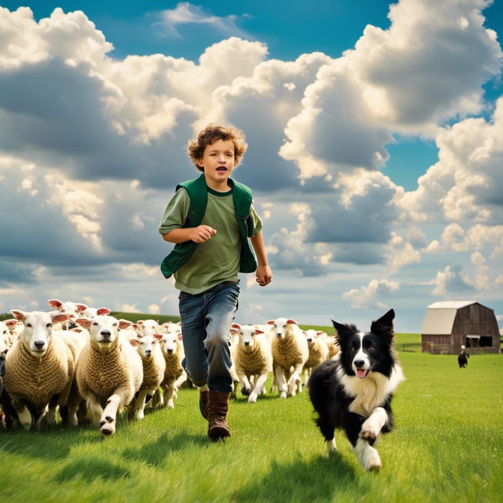 A farm fella and his dog chasing sheep