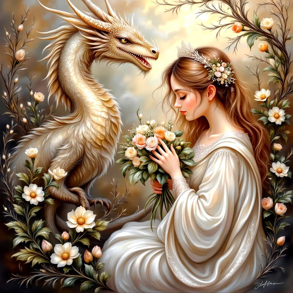 Ethereal Winter Scene: A Maiden with her Majestic Dragon in ...