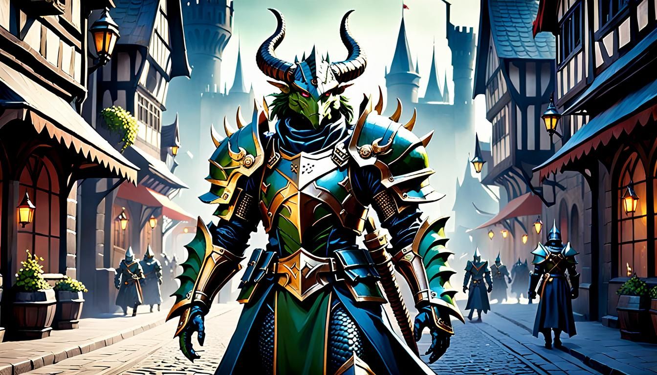 Armored Lizardman in High-Tech Medieval City