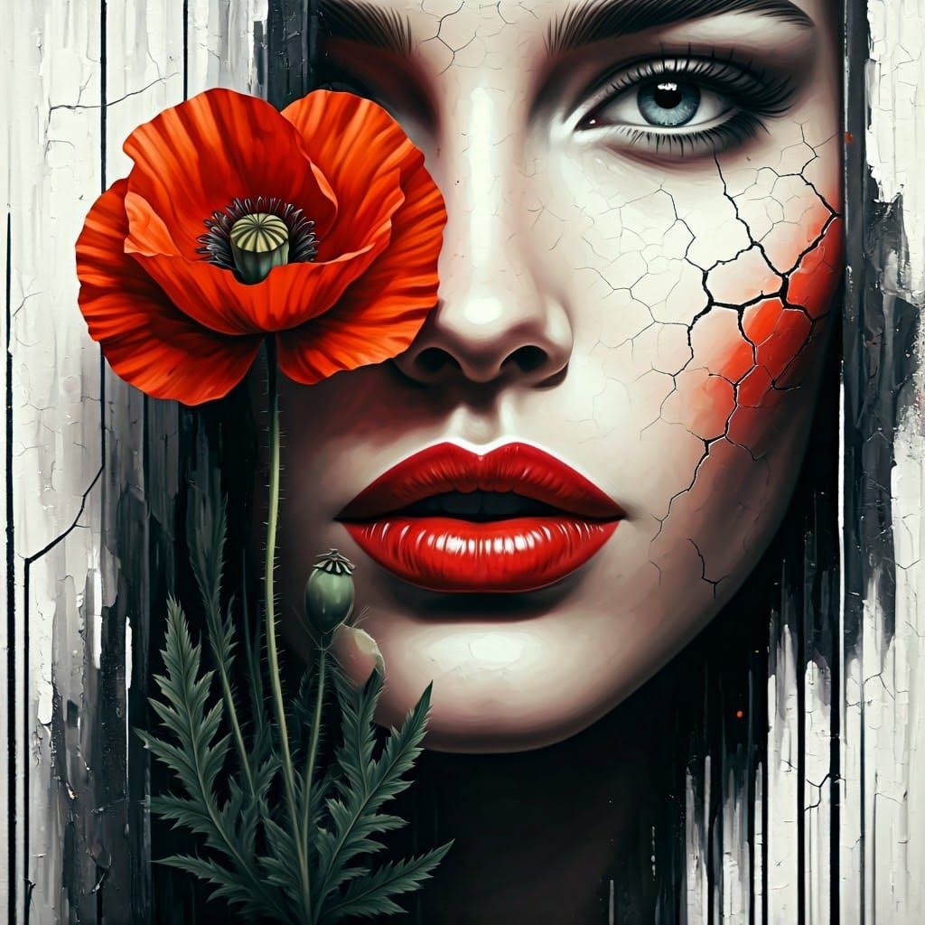 Woman's Face with Red Lips and Poppy in Muted Background