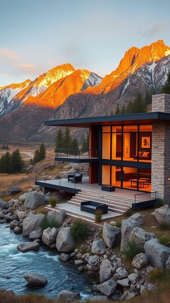 Modern riverfront villa at sunset, with golden light through...