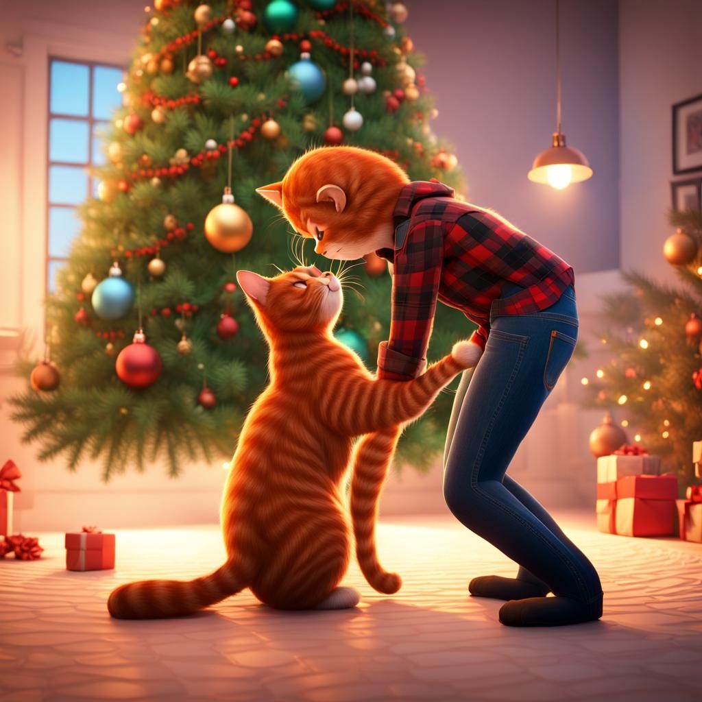 Ginger Cats Kissing at Christmas in Pixar Style