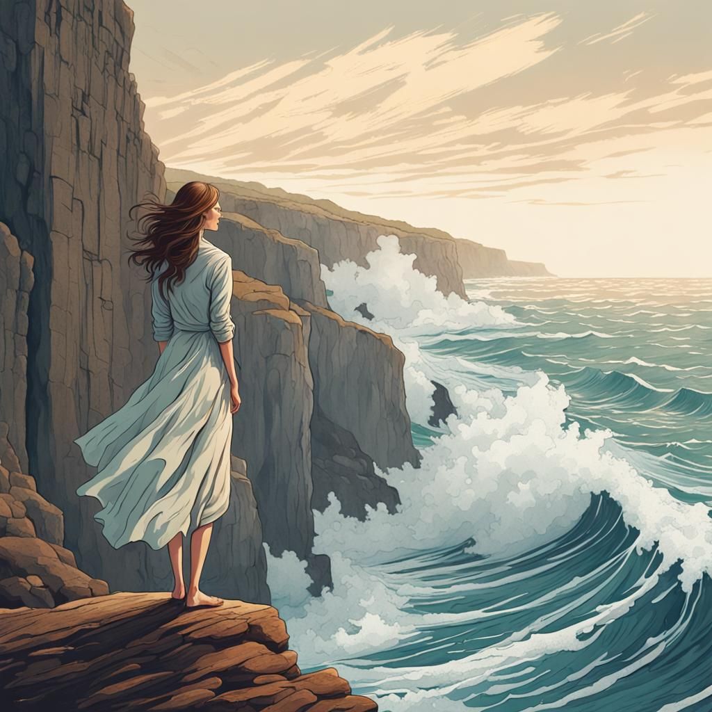 Majestic Ocean Waves Crashing Against Cliffs Illustration