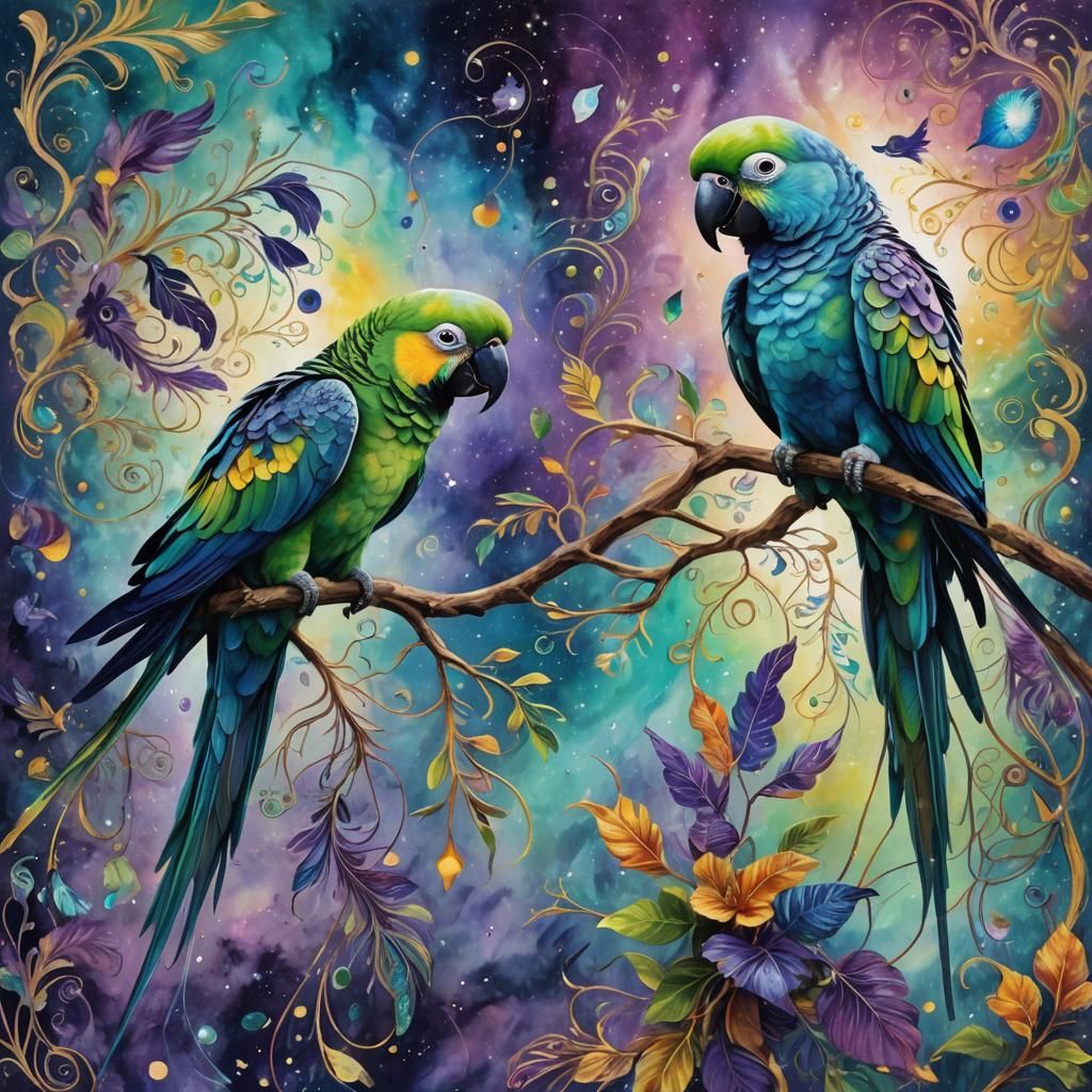 Cosmic Birds with Vibrant Plumage in Mixed Media