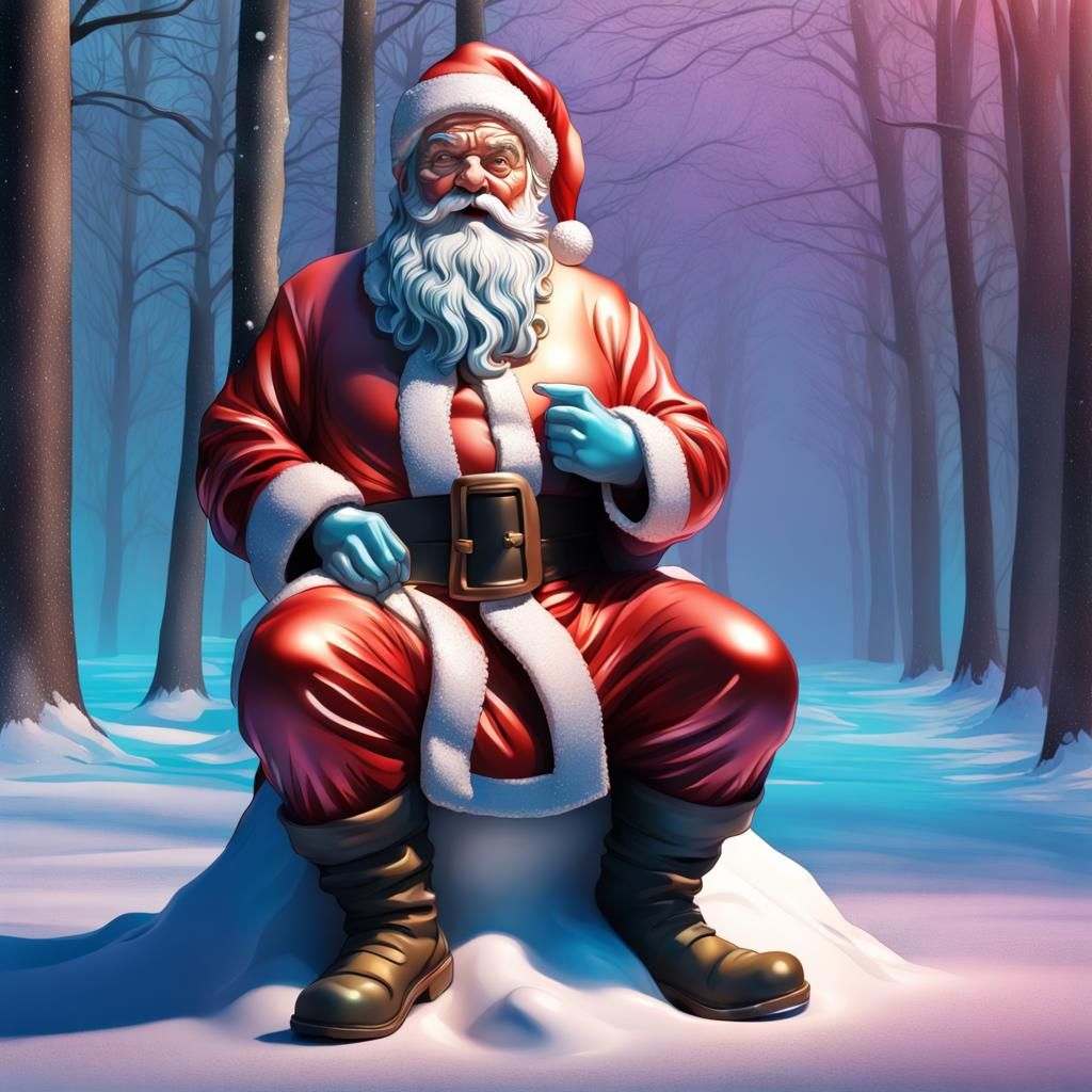 Iridized Metal Santa Statue in Winter: Hyperrealistic Splash...