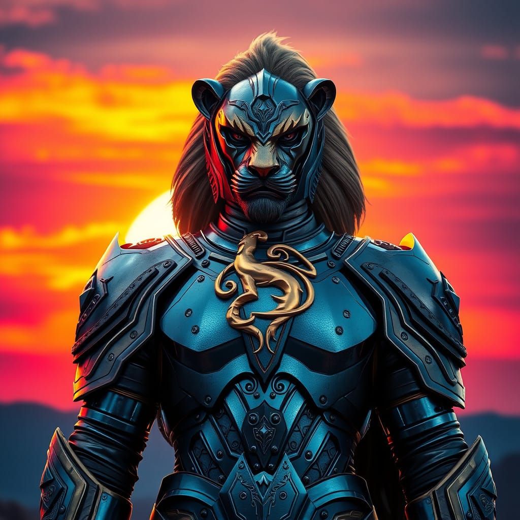 Heroic Armor Leo Zodiac in Vibrant Sunset Aesthetic