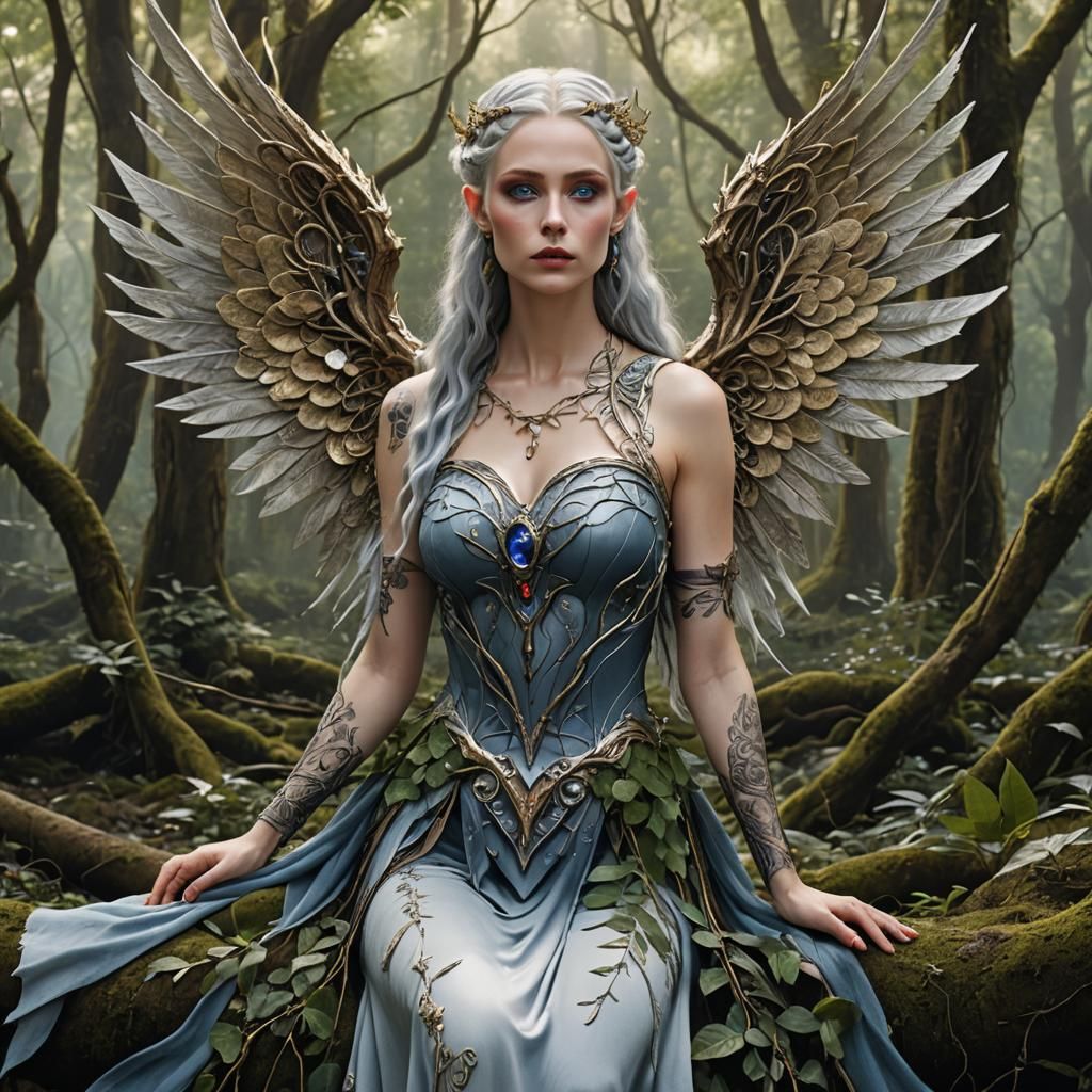 Elven Woman with Sapphire Wings, Digital Art