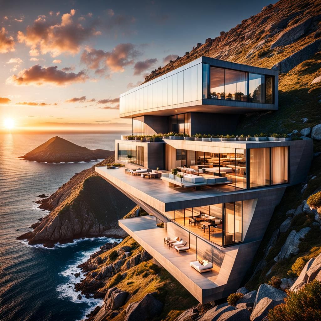 Modern House on Mountain Overlooking Ocean at Sunset