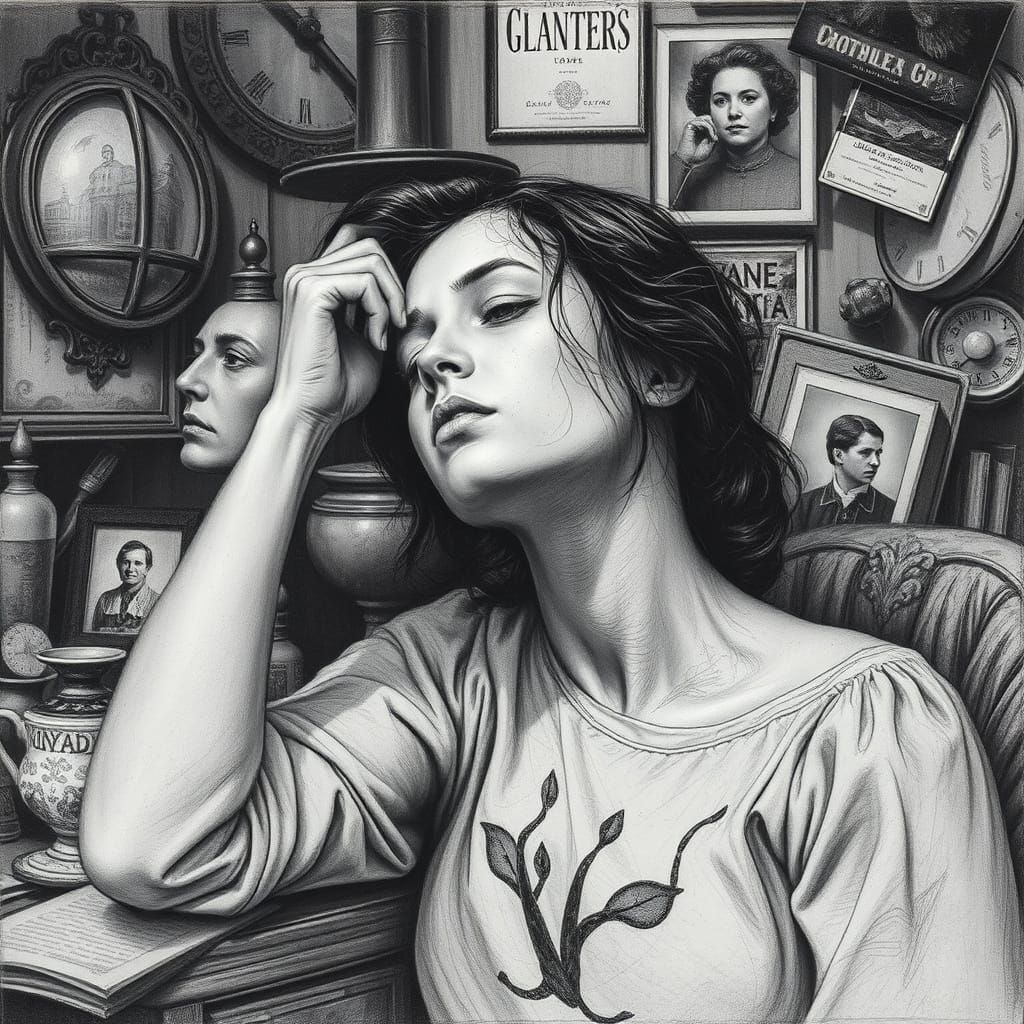 Nostalgic Woman in Darkly Realistic Charcoal Drawing