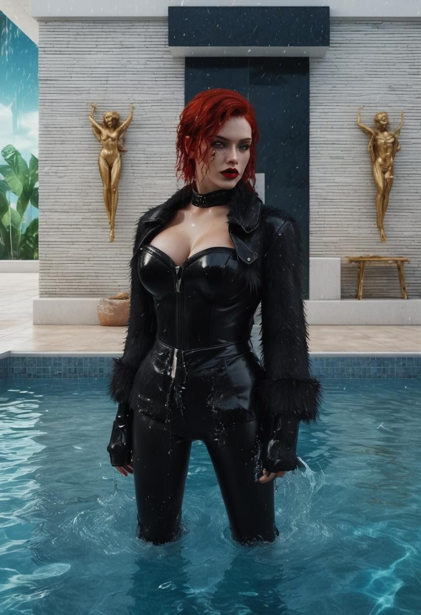 Glamorous Woman in Pool with Wet Fur Coat