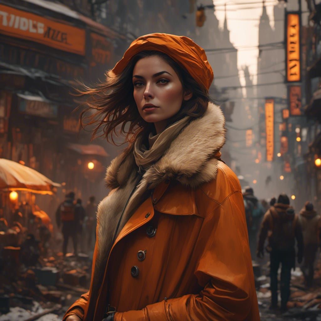 Woman in Orange Coat: Hyperdetailed Portrait