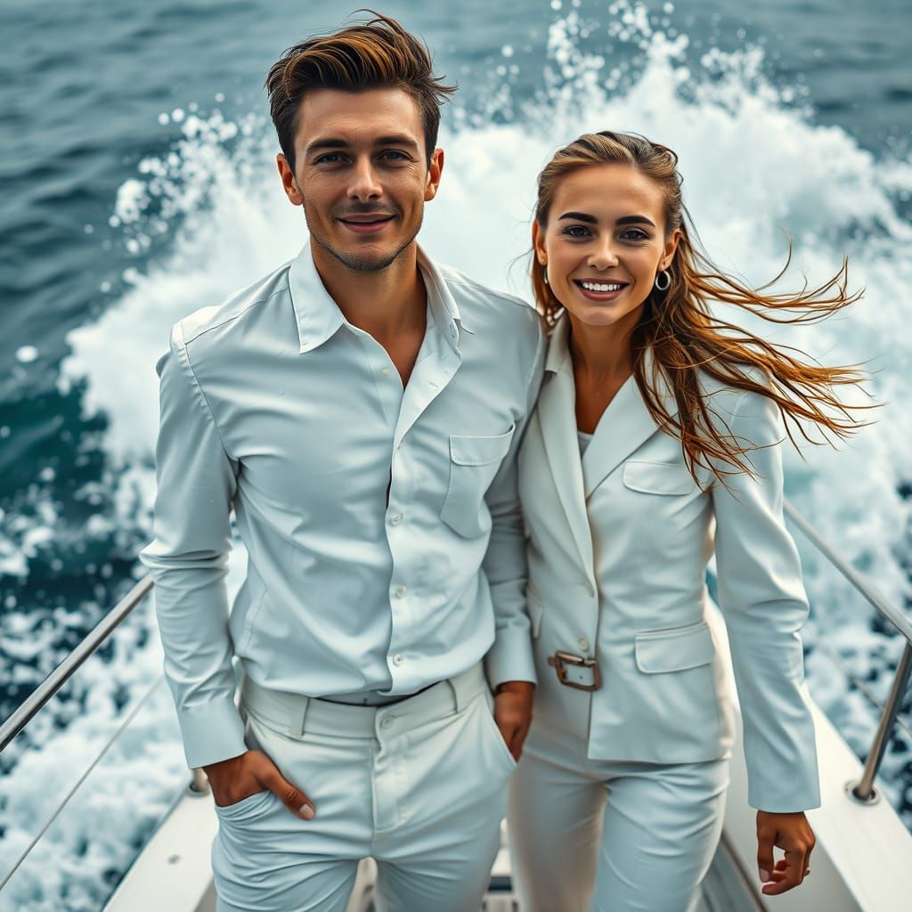 Youthful Couple Embracing Ocean's Fury in Crisp White Attire