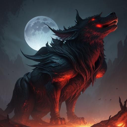 Werewolf Gazing at a Red Moon: Fantasy Art