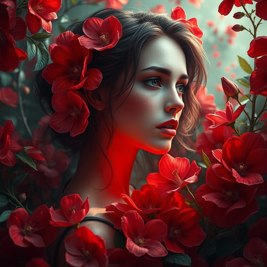 Enchanting Mystical Woman in Vibrant Red Blooms