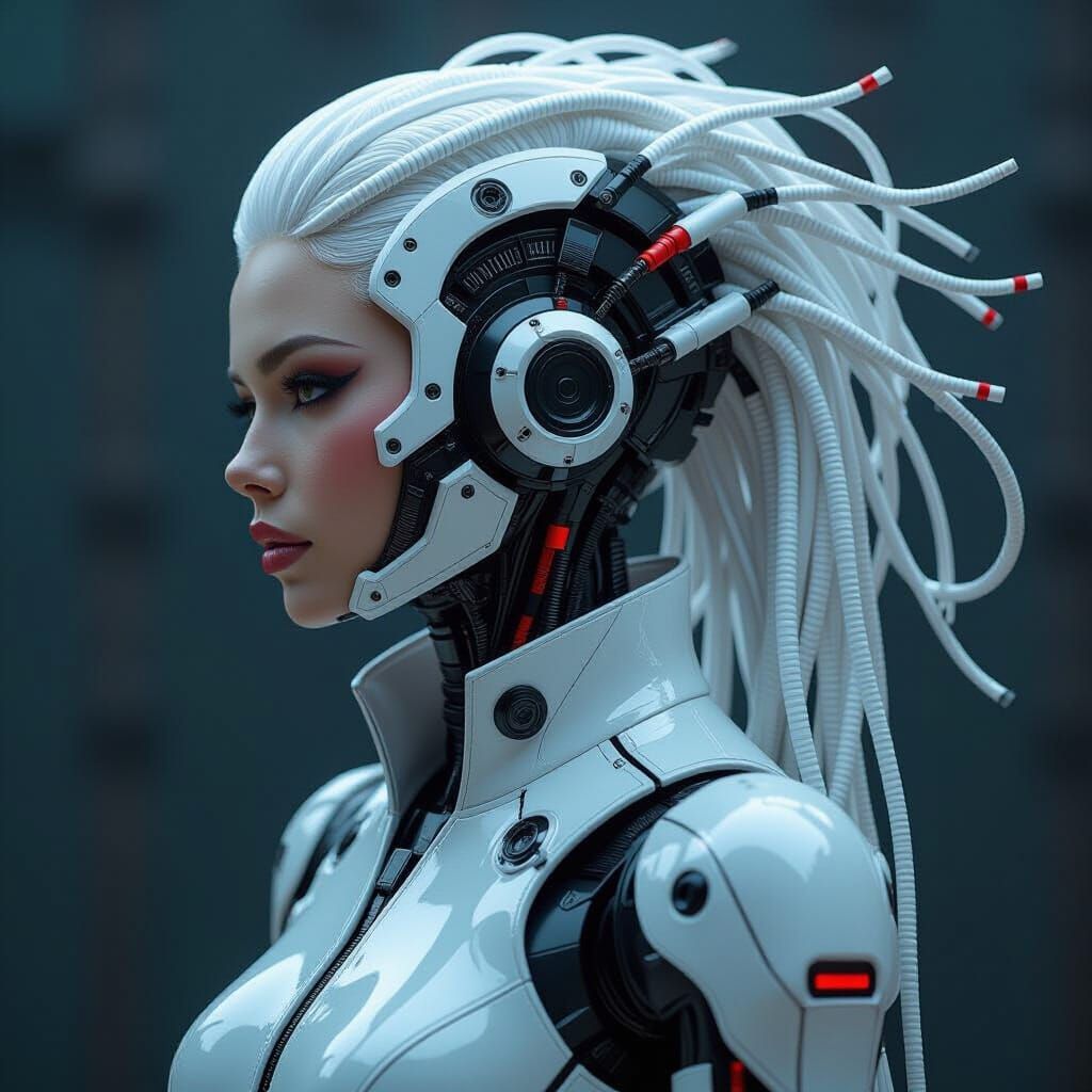 Snow-White Cyborg with Mechanical Hair in Cyberpunk Style