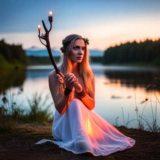 Slavic Pagan Ritual by River at Dusk