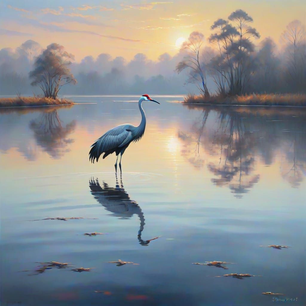 Dreamlike Oil Painting of a Crane in Still Water