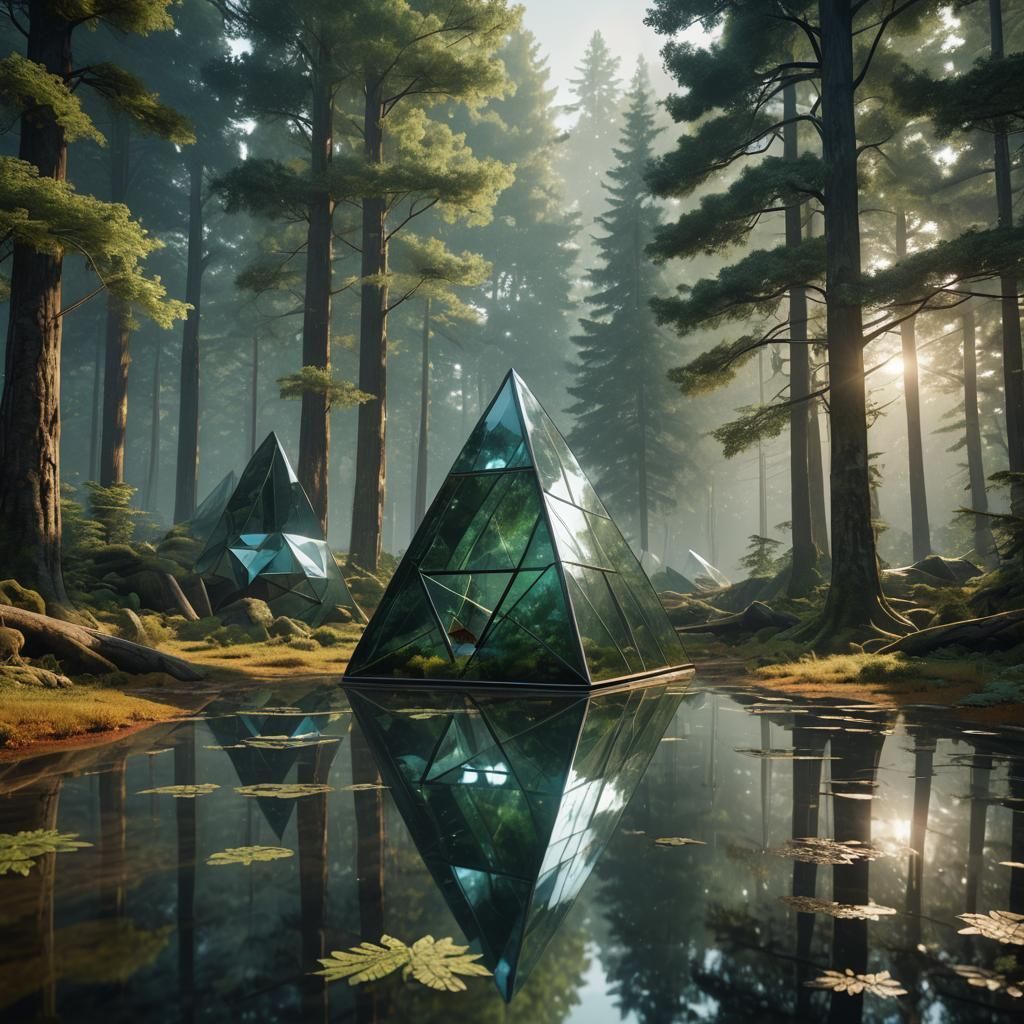 Tetrahedron Glass House in Forest: Post-Modern Architecture