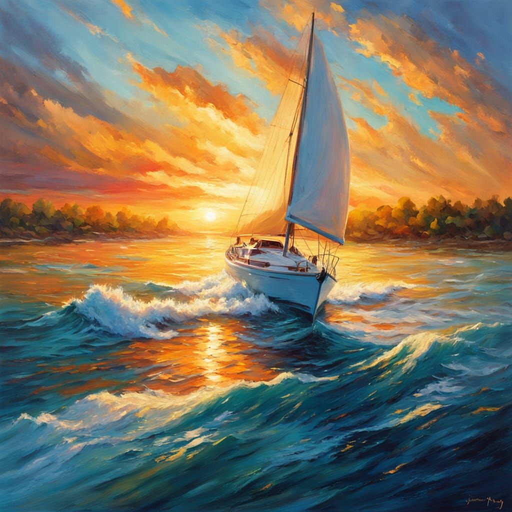 Impressionist Sailboat Cutting Through Ocean Waves in Golden...