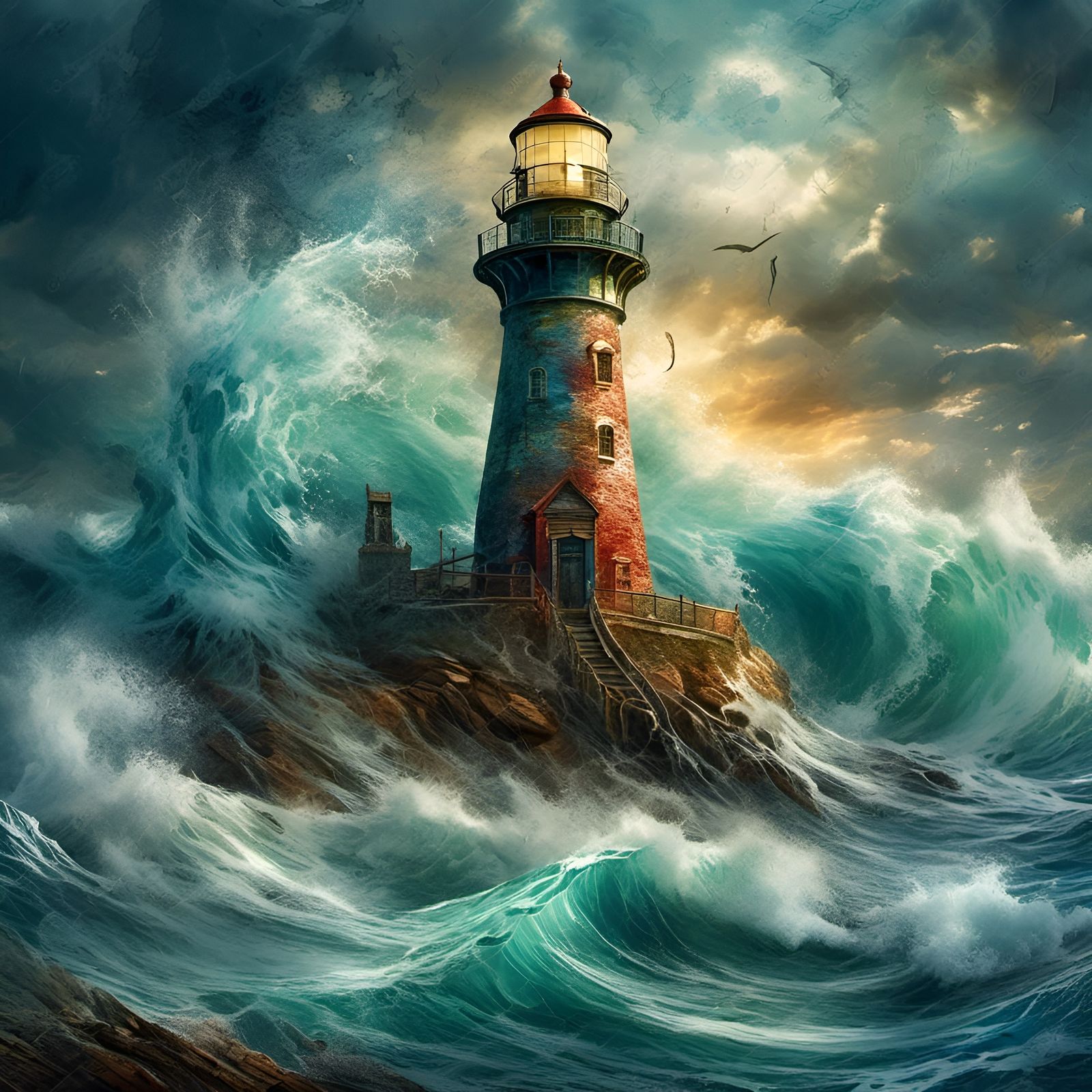 An older lighthouse battered by strong waves