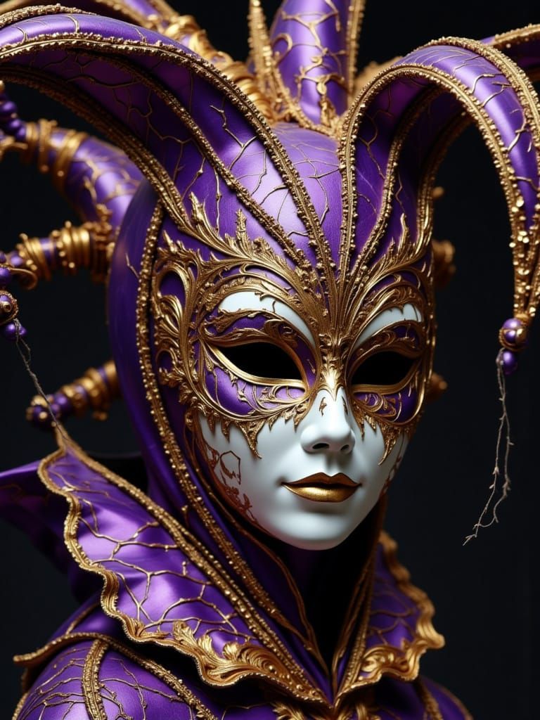 Ornate Harlequin Masks with Gold Filigree and Diamond Patter...