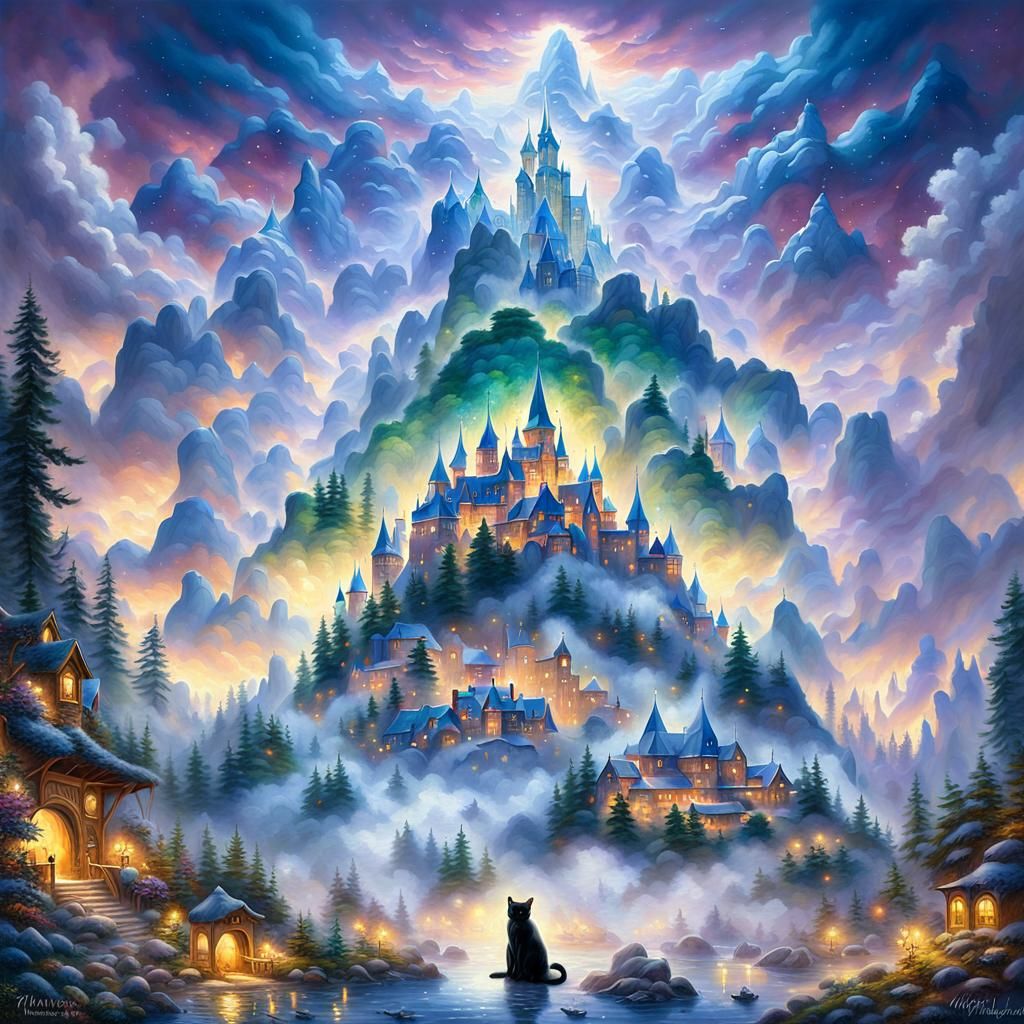 Regal Black Cat in Ethereal Cloudscape